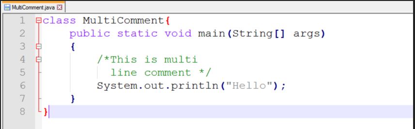 This image describes the sample program containing multi line comment in java.